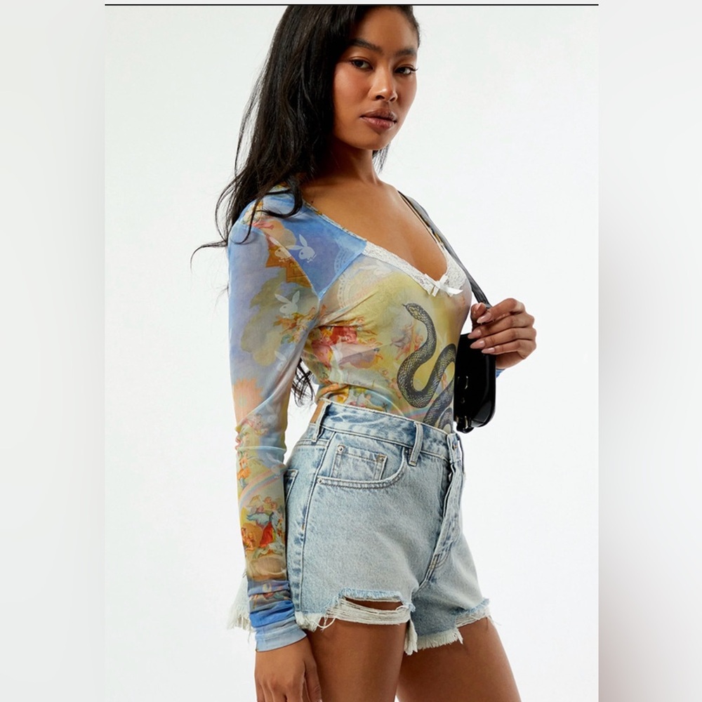 PLAYBOY Blue Multi Long-Sleeve Snake Print Bodysuit sexy new - Picture 6 of 7
